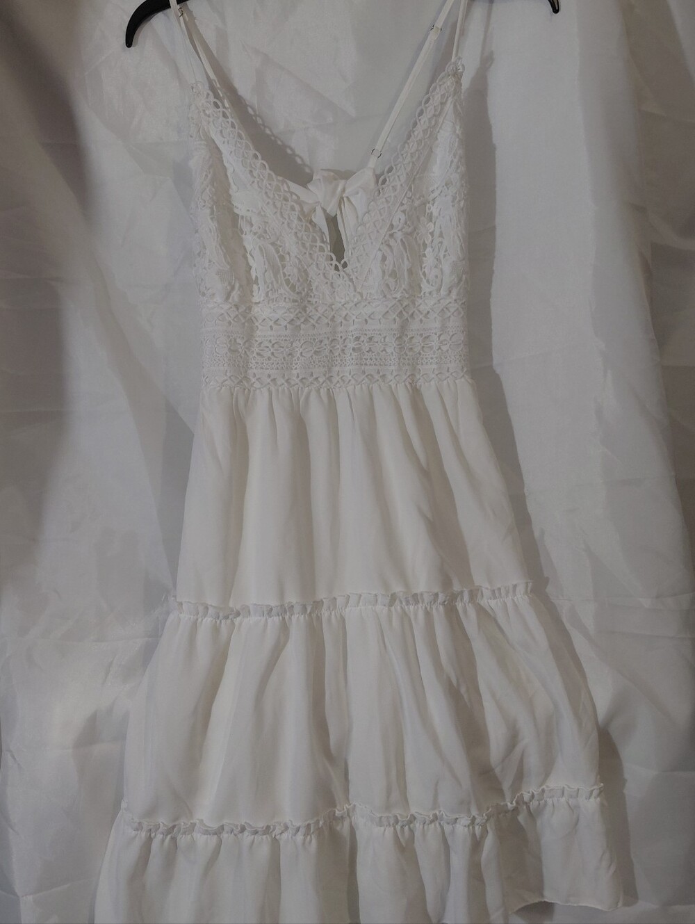 Lace-Trim White Mini Sundress with Tiered Skirt